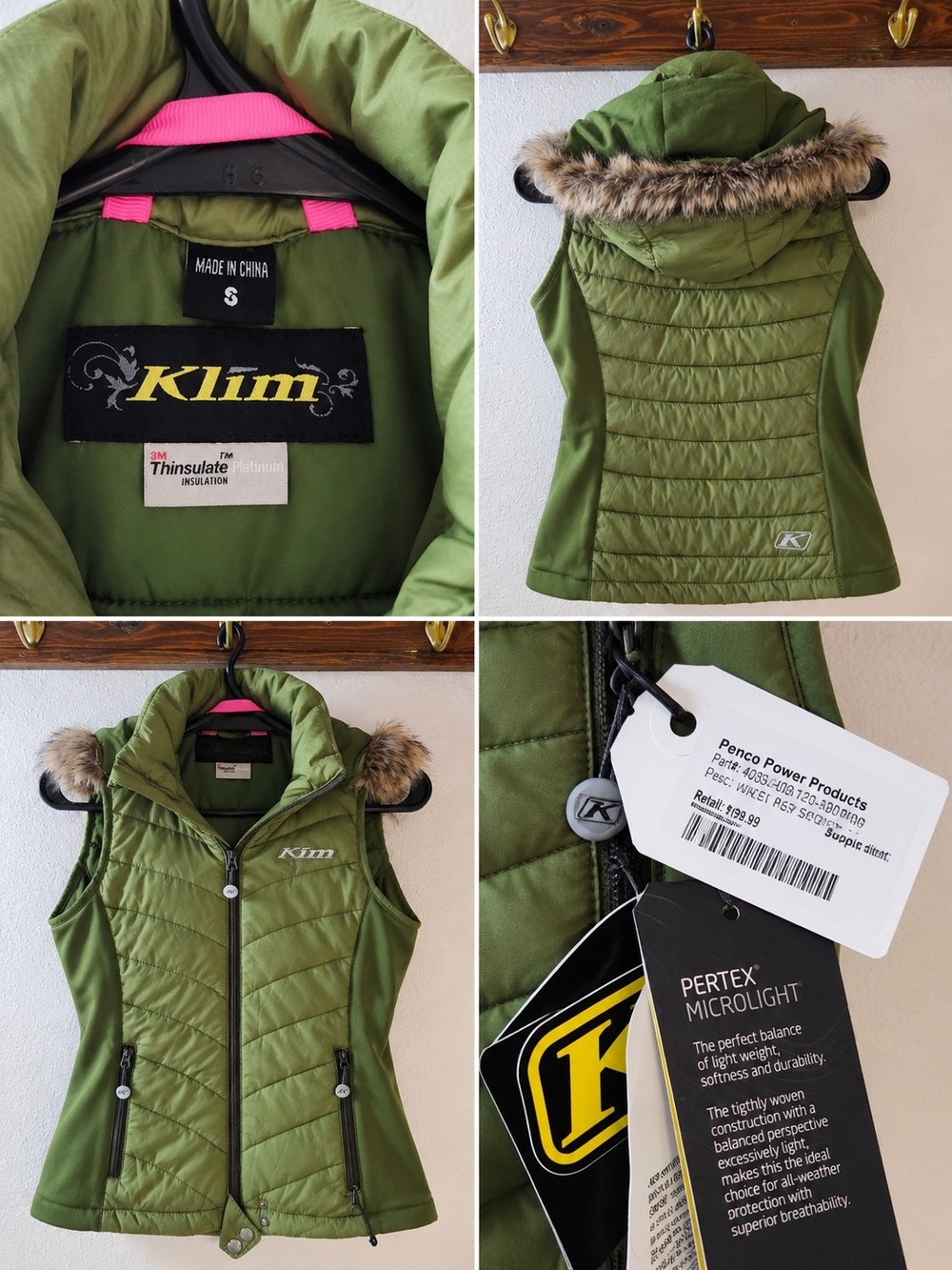 Womens KLIM Green Quilted Hooded Vest with Faux Fur Trim